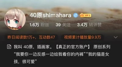 该图片为社交媒体个人主页截图，展示了用户“40原shimahara”的账号信息。页面显示其身份为插画家，拥有1.6万粉丝、39关注和3.4万转评赞，昨日阅读量达1万+，互动数47，视频累计播放量9.9万。个人简介中明确标注“【真正的官方账户】”，并提及原创系列作品名称：“我要你一边反感一边给我看你的内裤”与“我的猫是女孩，很可爱”。头像为浅色头发、蓝眼睛的动漫风格插画形象。