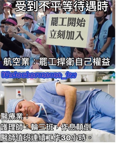 图片为上下对比的双 panel 梗图，上方展示航空业人员在受到不平等待遇时罢工维权的场景：一群穿着蓝色制服、戴粉色帽子的空服员举着写有“罢工开始 立刻加入”的标语牌，配文“航空业：罢工捍卫自己权益”；下方则呈现医疗业人员的困境：一名穿着蓝色手术服的医护人员疲惫地趴在床上，配文“医疗业：护理师：轮三班，作息颠倒 医师值班连续工作30小时”，通过对比讽刺不同行业面对不公待遇时的差异反应。