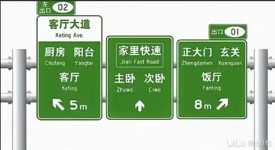 这是一张创意搞笑改编图，完全复刻中国大陆高速公路绿色指示路牌的视觉样式、排版逻辑，将住宅内部的不同功能区域替换为路牌上的目的地名称，用严肃的公共交通指引标识的形式标注家庭内部空间，形成错位反差感，趣味十足。