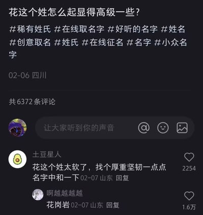 社交媒体平台上的一篇帖子，标题为‘花这个姓怎么起显得高级一些？’，附带#稀有姓氏、#在线取名字等多个标签，发布于02-06四川，共有6372条评论。截图中展示了两条高赞评论：用户‘土豆星人’建议‘花这个姓太软了，找个厚重坚韧一点点名字中和一下’，而用户‘啊越越越越’则神回复‘花岗岩’，以‘花岗岩’的坚硬特质与‘花’姓的柔美形成幽默反差，引发大量点赞（1.6万）。