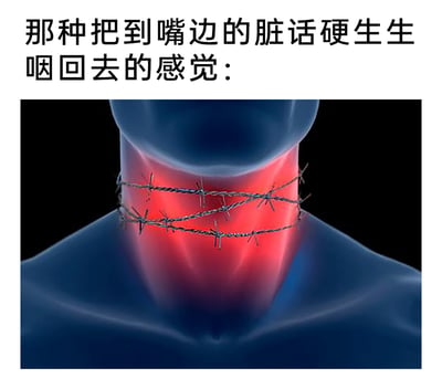 这是一张用于抒发情绪的顶配底文梗图，上方配有文字“那种把到嘴边的脏话硬生生咽回去的感觉：”，下方是一张3D渲染的人体颈部图像，颈部被带刺的铁丝网缠绕，颈部区域呈现泛红状态，用这种带有强烈痛感的视觉画面，生动且夸张地比喻人们在愤怒、不满时，强行压抑情绪、忍住不发泄的憋屈与难受，精准传递出那种将情绪硬生生憋回去的生理与心理双重不适，容易引发有类似隐忍经历的人群共鸣。