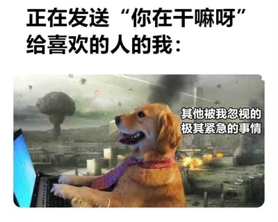 这是一张用来调侃恋爱心态的搞笑网络梗图。图上方配文“正在发送‘你在干嘛呀’给喜欢的人的我：”，下方主体是一只戴着领带的金毛犬拟人化地坐在笔记本电脑前，爪子放在键盘上专注操作，仿佛正在编辑发送消息；而它身后的城市正处于末日般的危机中：核弹爆炸升起蘑菇云、建筑起火燃烧、战机在空中飞过，场景极其混乱紧急，旁边配文“其他被我忽视的极其紧急的事情”。这张图用极其夸张的对比手法，生动幽默地表现出当人准备给喜欢的人发消息时，会将这件事的优先级无限放大，完全忽略身边其他所有重要甚至紧急的事情，精准戳中了暗恋或恋爱初期人群的细腻心态，充满趣味。