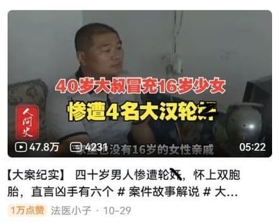 这是一张案件故事解说类视频的截图，标题为'40岁大叔冒充16岁少女 惨遭4名大汉轮奸'。视频由'法医小子'发布，获得47.8万次观看和4231个点赞，时长5分22秒。内容描述了一个40岁男性冒充少女后遭遇性侵犯的案件，附加文字提到'怀上双胞胎，直言凶手有六个'。