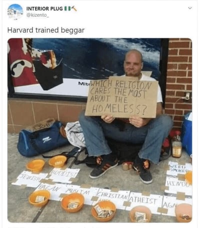 这是一张Twitter（X）平台的用户截图，发布者配文‘Harvard trained beggar（哈佛训练的乞丐）’。图中一名留胡子的光头男子坐在室外建筑墙边，举着手写纸板标语：“WHICH RELIGION CARES THE MOST ABOUT THE HOMELESS?（哪个宗教最关心无家可归者？）”。他面前的地面上摆放着多个标注不同群体名称的牌子，包括犹太教、佛教、异教、穆斯林、基督教、无神论者、不可知论者、印度教、大麻吸烟者等，每个牌子前对应一个装着捐款的容器，容器内的钱数各不相同，男子似乎在用这种趣味实验的形式，测试哪个群体更愿意向流浪汉伸出援手，用幽默的方式调侃不同宗教与群体对流浪汉的帮助程度，引发关于宗教慈善和社会关怀的讨论。图中没有双关、谐音梗或暗示性内容。