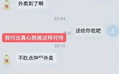 这是一张聊天记录截图，展示了一段关于外卖的对话。用户A发送“外卖到了啊”，用户B回复“送给你吃吧”，随后用户A用红色高亮消息表达“我付出真心就被这样对待”的委屈情绪，最后用户B发送“不吃点伪外卖”（部分文字被打码）。整个对话充满了情感张力，展现了真心付出后未被理解的无奈场景。