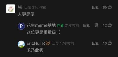 这是一张社交媒体评论区的静态截图，呈现了三位用户的趣味玩梗互动。来自山东的用户“猪”发布评论“人更是便”，简化玩梗“这位更是重量级”的网络流行语，收获86个点赞；该内容的创作者“花生meme基地”回复“这位更是重量级（”，呼应该梗，获得12个点赞；来自江苏的用户“EricHuTR”则用拆字梗“禾乃此秀”（将“秀”拆分为“禾”与“乃”），表达对前两条评论的赞赏，获得10个点赞，整体展现了网络社区中轻松的玩梗氛围。