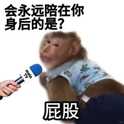 这是一张无厘头风格的静态搞笑梗图，画面模拟采访场景：一只穿着带卡通汽车图案上衣和深色裤子的猴子背对镜头，画面左侧有一只手拿着印有“malo TV”标识的麦克风伸向它，上方配文抛出温情向的提问“会永远陪在你身后的是？”，下方却给出打破预期的无厘头回答“屁股”，利用字面意思的冷笑话制造强烈反差，以此营造搞笑效果，适合在社交场景中用来活跃气氛、调侃互动。