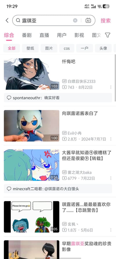 该图片为某动漫内容平台搜索“露琪亚”后的结果页面截图。页面顶部有搜索栏，输入关键词为“露琪亚”，右侧有“AI”和“搜索”按钮。下方分类标签包括“综合”“番剧”“直播”“用户”“影视”“图文”等，次级标签有“全部”“壁纸”“图片”“COS”“一户”“头像”。页面主体展示多条用户发布的动漫相关内容，每条内容包含图片、标题、发布者昵称、点赞数、发布日期及部分用户评论。例如，第一条内容为动漫角色图，标题“忏悔吧”，发布者“白嫖且快乐2333”，获743赞，发布于8月22日，下方有评论“spontaneouthr：确实好看”；第二条为plush toy图片，标题“向琪露诺酱表白了”，发布者“Evil小冉”，获2.8万赞，发布于2024年7月7日等。整体为图文混排的社交媒体搜索结果界面。