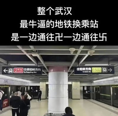 图片展示了武汉某地铁换乘站的站台场景，画面中央有一根白色立柱，立柱两侧分别悬挂着地铁线路指示牌：左侧为红色的2号线“往佛祖岭方向”指示牌，右侧为黄色的4号线“往柏林方向”指示牌。站台内有多位乘客正在行走或等待。图片上方叠加了白色文字：“整个武汉最牛逼的地铁换乘站是一边通往卍一边通往卐”，通过谐音和符号替换（将“佛祖岭”关联“卍”、“柏林”关联“卐”）制造调侃效果。