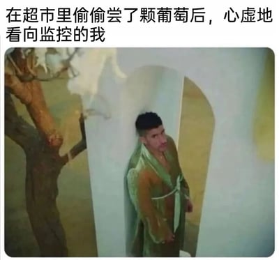 这张梗图由影视截图和文字结合而成。图片上方配有文字“在超市里偷偷尝了颗葡萄后，心虚地看向监控的我”，下方是一位穿着绿色长袍的男性侧身躲在墙角，头部微微探出，眼神警惕地向一侧张望，表情生动地展现出做了亏心事之后的紧张与心虚。通过将影视剧中人物的偷看动作与超市偷吃零食后害怕被监控发现的场景相结合，形成了幽默的反差效果，让人会心一笑。