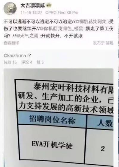 这是一张来自微博的社交媒体截图，内容分为上下两部分：上半部分是用户“大吉凛凛贰”的转发内容，包含多层评论互动，配文依次为“不可以逃避不可以逃避不可以逃避”“受伤了也要继续开”“暴走了算工伤吗？”“开就快开，不开就滚”，这些内容是玩经典动漫《新世纪福音战士》（简称EVA）的梗，对应动漫中启动EVA机甲、驾驶员受伤、机甲暴走等经典情节；下半部分是泰州宏叶科技材料有限公司的招聘启事截图，显示该公司是研发、生产加工的高新技术企业，招聘岗位为“EVA开机学徒”，招聘人数2名。此处的“EVA”是该企业生产相关的材料或设备术语，与动漫《新世纪福音战士》的缩写巧合相同，网友借此玩梗，将工厂的开机操作与动漫情节关联，用调侃的语气制造趣味效果。