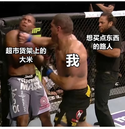 这是一张基于UFC格斗比赛截图制作的梗图。图中左侧选手被标注为“超市货架上的大米”，正被标注为“我”的右侧选手猛烈击打，旁边的裁判被标注为“想买点东西的路人”。通过夸张的格斗场景，幽默地表现了“我”看到超市大米时的激动或渴望，而路人只是想正常购物的情景。