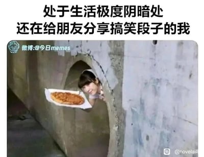 这是一张顶配底文的静态梗图，图的上方配有醒目的文字“处于生活极度阴暗处还在给朋友分享搞笑段子的我”，下方的画面中，一位女生从类似下水道的水泥管道洞口探出头，脸上洋溢着笑容，双手举着一盘类似披萨的食物，仿佛正在把这份“快乐”传递出去。这张图用狭窄压抑的水泥管道来比喻自己身处的糟糕、低落的生活处境，而人物的笑容和传递食物的动作，则对应着即便自身处于情绪低谷，依然选择隐藏负面情绪，给朋友带去快乐的状态，精准戳中了当代很多人在面对朋友时，独自消化负面情绪、对外展现乐观一面的心境，引发强烈的情绪共鸣。