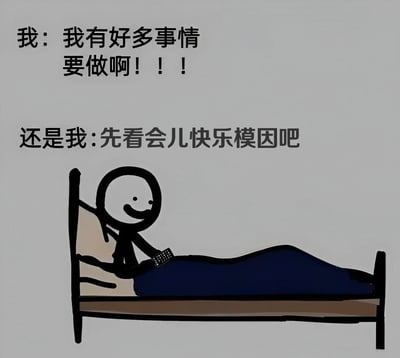 A meme depicting a stick figure lying in bed holding a phone, expressing the common procrastination scenario where one intends to do many tasks but chooses to look at memes instead. The text in the image reads: "我: 我有好多事情要做啊!!! 还是我: 先看会儿快乐模因吧"
