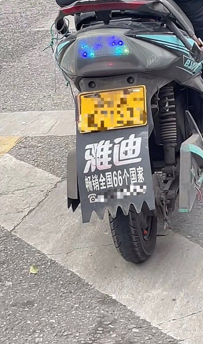 一张雅迪电动车的后部特写照片，展示了带有品牌标识的挡泥板，上面写着'雅迪 畅销全国66个国家'。车辆配有装饰性LED灯，车牌已做模糊处理。拍摄地点似乎是在城市街道的人行道上。