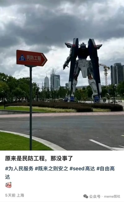 这张梗图结合了现实生活中的上海街头和一个通过合成技术加入的巨大“自由高达”机体。左侧“民防工程”指示牌与画面右侧高达的二次元形象形成强烈反差，配文“原来是民防工程，那没事了”带来幽默和安全感的错位。整体属于典型的“二次元入侵现实”错位合成类梗图。文案和标签还玩梗了高达的战斗属性和民防工程的安全概念。