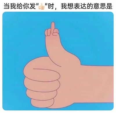 这张梗图通过幽默的方式解构了网络沟通中点赞手势的多重含义。图片上方文字写着"当我给你发'👍'时，我想表达的意思是"，下方则是一个卡通风格的点赞手势特写。这个手势乍看是普通的点赞，但仔细观察会发现拇指上方还伸出了小指，形成了一种视觉上的双关，暗示点赞表情在不同语境下可能被解读出的复杂含义或隐藏情绪。