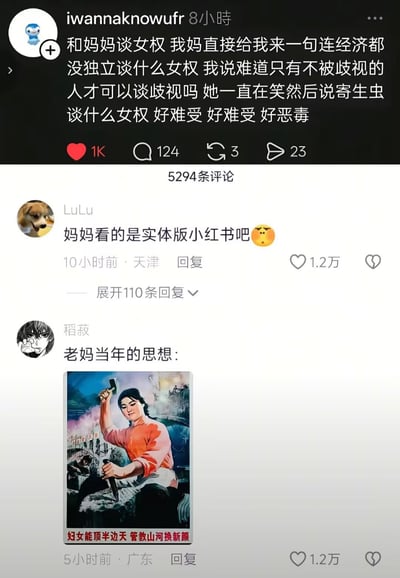 这是一张X（原推特）的社交媒体截图，首先是用户iwannaknowwufr发布的动态，称自己和母亲讨论女权时，母亲表示经济没有独立就没有资格谈女权，楼主反问难道只有不被歧视的人才能谈论歧视，母亲还笑着称“寄生虫谈什么女权”，楼主觉得母亲的话非常恶毒、令人难受。动态下方有两条获赞1.2万的高赞评论，第一条是用户LuLu调侃“妈妈看的是实体版小红书吧”并配皱眉表情；第二条是用户稻菽配发了一张建国时期的妇女劳动宣传画，画中是拿着工具劳作的女性，下方配文“妇女能顶半边天 管教山河换新颜”，暗指上一代女性对女权的认知是建立在劳动、经济独立的基础上的。发布该截图的X用户雲鳩借此内容表达了认为谈论女权需要先实现经济独立的观点。