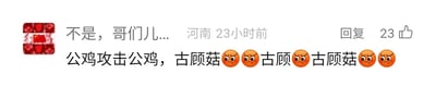 这是一张社交媒体评论区的静态截图，评论用户的IP地址显示为河南，评论发布于23小时前，获得了23个点赞。评论内容为“不是，哥们儿... 公鸡攻击公鸡，古顾菇😠😠古顾😠古顾菇😠😠”，其中重复使用“公鸡攻击公鸡”以及无实际语义的“古顾菇”“古顾”词汇，搭配多个愤怒表情，推测用户是在看到某条平台内容后，通过这类重复、无逻辑的文字搭配负面表情来抒发自身烦躁、不满的情绪，内容中没有双关、谐音梗等特殊表达。