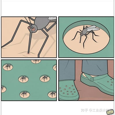 这是一组四格漫画，以幽默的方式展示了蚊子的遭遇。第一格：蚊子正在叮咬人的皮肤；第二格：蚊子被困在一个圆形的陷阱中；第三格：多个陷阱中各困着一只蚊子；第四格：一个人穿着特制的鞋子，鞋底上布满了这些圆形陷阱，每个陷阱中都有一只蚊子。整个漫画通过夸张的创意，展现了一种捕捉蚊子的有趣方式。
