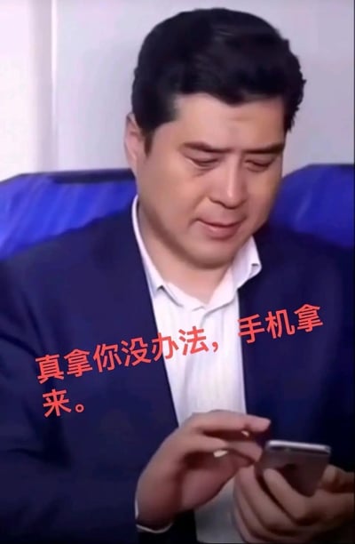 这是一张由影视剧截图改编的表情包，图中身着深蓝色西装、内搭白衬衫的中年男士坐在蓝色座椅上，低头看着手中的手机，脸上露出无奈又妥协的神情。画面添加了红色配文“真拿你没办法，手机拿来”，用来表达被迫妥协、无奈满足他人要求的情绪，常被用来调侃被迫交出手机或无奈答应请求的场景，无特殊双关、谐音梗等表意。