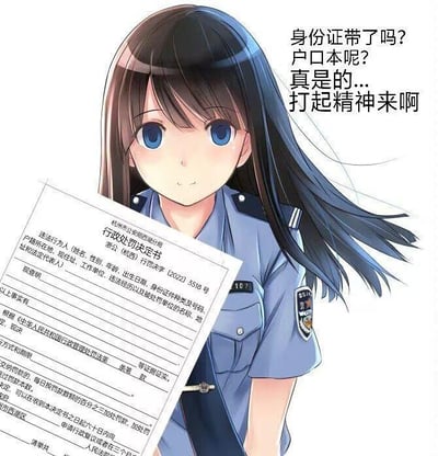 这是一张静态单图的图文混排梗图，画面核心是一位有着深色长发、蓝色眼眸的卡通女警，她身着制式警服，面带温和的微笑，手中持有一份杭州市公安局西湖区分局出具的《行政处罚决定书》。在画面的右上方，配有一段模拟执法询问的文字：“身份证带了吗？户口本呢？真是的...打起精神来啊”。整体画面形成了多重反差：女警的温和表情与看似严肃的执法询问话语形成反差，正式的行政处罚文书与可爱的卡通人物风格也形成反差，没有双关、谐音梗或暗示内容，仅通过这种反差感营造出趣味效果。