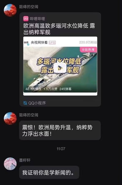 这是一张社交软件聊天记录截图，用户“阻碍的空阔”首先转发了哔哩哔哩平台UP主“央视网快看”发布的热点新闻，新闻内容为欧洲高温导致多瑙河水位下降，河底沉没的纳粹军舰露出水面；随后该用户玩双关梗，结合这一新闻发布夸张话术：“震惊！欧洲局势升温，纳粹势力浮出水面！”，将物理层面的军舰露出水面引申为纳粹势力抬头，最后另一位用户“墨籽轩”回复调侃称“我证明你是学新闻的”，吐槽前者的话术带有博眼球的夸张新闻标题风格。