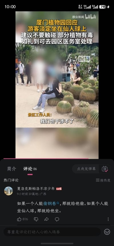 这是一张竖屏手机截图，主体为哔哩哔哩中的一条新闻短视频及其评论区。视频拍摄于厦门植物园多肉植物区，沙地上排列着许多大型仙人球。画面中央一名穿黑色外套、浅蓝色牛仔裤和白色运动鞋的游客直接坐在一颗仙人球上，双手放在腿上拿着手机，面部被模糊处理；周边还有其他游客，其中一名女子也处在仙人球区域。视频上方黄色和白色字幕写明“厦门植物园回应游客淡定坐在仙人球上”，并提醒游客不要触碰，部分植物有毒，如被扎到可去园区医务室处理。画面下方字幕引用景区工作人员的话：“我们也干涉不了”。截图下半部分显示哔哩哔哩评论区，当前位于“评论86”标签页，热门评论用户为“夏洛克帕洛不凉少年”，9小时前发布，IP属地为广西，获赞816。评论称：“如果一个人能偷钢卷，那就给他偷。如果个人能坐仙人球，那就给他坐。”该评论用并列、夸张的黑色幽默表达“若他人执意做出危险且不听劝阻的行为，就让其自行承担后果”的意味，带有常见的“放下助人情结，尊重他人命运”式调侃。