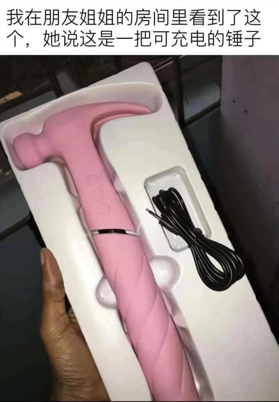 图片展示了一个粉色形似锤子的物品，放置在白色包装盒中，旁边配有黑色充电线。图片上方文字写着："我在朋友姐姐的房间里看到了这个，她说这是一把可充电的锤子"。

这张图片使用了双关和视觉暗示的幽默手法，虽然物品被描述为"可充电的锤子"，但其外形明显类似女性情趣用品振动棒，通过这种刻意的误解制造搞笑效果。
