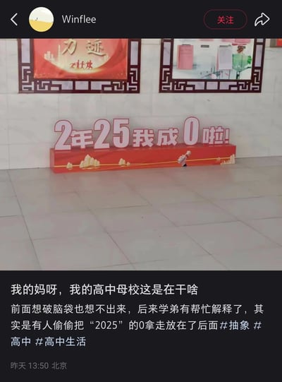 这是一张社交媒体截图，用户Winflee分享了自己高中母校内的趣味场景：原本为“2025”的立体数字装饰，被人将其中的“0”移动到了标语末尾，变成了“2年25我成0啦！”的搞笑内容。发布者一开始对这个标语感到困惑，后来经学弟解释才明白是被恶搞，配文表达了惊讶的情绪，并带上了#抽象 #高中 #高中生活的标签。背景墙上还有带有“力迹”字样的红色宣传画和公告栏，整体场景是学校的室内公共区域。