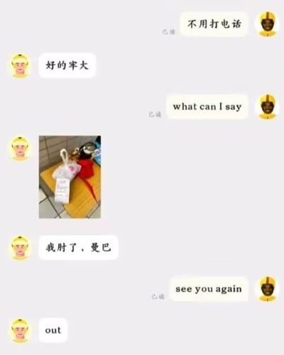 这是一段充满篮球圈玩梗内容的聊天记录截图，对话双方使用科比相关的表情包头像展开趣味互动：
1. 右侧黑人头像（科比表情包）的用户说“不用打电话”，左侧黄头发头像用户回复“好的牢大”，“牢大”是网友对科比的调侃式称呼；
2. 右侧用户发送英文“what can I say”后，左侧用户先发送一张摆放着塑料袋、纸张等物品的照片，接着说“我肘了，曼巴”，这里运用了谐音梗：“肘”谐音“走”，同时关联科比曾在赛场有肘击动作的梗，“曼巴”则指代科比的“曼巴精神”；
3. 右侧用户回复英文“see you again”，该内容对应科比离世的相关纪念语境，最后左侧用户回复“out”表示结束对话。
整个对话将谐音梗与篮球圈知名人物的相关梗结合，趣味十足，充满网感。