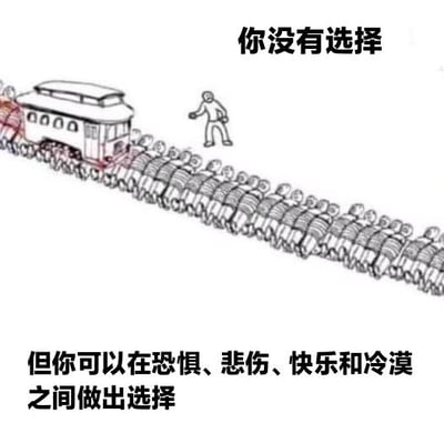 这是一张改编自经典哲学思想实验「电车难题」的创意梗图，采用黑白线稿的呈现方式。画面中，电车的轨道被替换成了大量弯腰爬行的人，一名人物站在轨道前方，上方配文「你没有选择」，下方配文「但你可以在恐惧、悲伤、快乐和冷漠之间做出选择」。它用视觉化的隐喻表达了：当我们身处无法改变的艰难既定处境时，依然拥有自主选择面对该处境的情绪态度的权利，图中没有双关、谐音梗等内容。