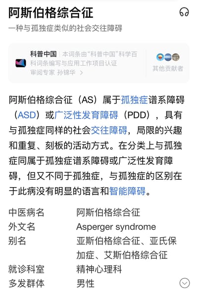 这是一张竖屏手机格式的科普中国网页UI截图，属于图文混排的医学科普内容，详细介绍了阿斯伯格综合征：阿斯伯格综合征（AS）属于孤独症谱系障碍（ASD）或广泛性发育障碍（PDD），具有与孤独症同样的社会交往障碍、局限的兴趣和重复刻板的活动方式，与孤独症的核心区别在于无明显的语言和智能障碍；同时还列出了该病症的中医病名、外文名、别名、就诊科室、多发群体等基础信息。内容经过科普中国科学百科词条编写与应用工作项目认证，审阅专家为孙锦华，还有其他贡献者参与内容创作，是权威的医学科普资料。