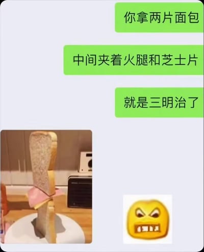 这是一组聊天记录与实拍图结合的搞笑内容：一方发送消息指导三明治的制作方法：“你拿两片面包，中间夹着火腿和芝士片，就是三明治了”，另一方却极端字面理解这句话，将一片面包竖放，把火腿和芝士片像腰带一样“夹”在面包的中间，做出了完全不符合常规认知的“三明治”，最后发送愤怒小黄脸表情包来表达对这种离谱操作的无语情绪，通过对制作方法的错误解读制造出荒诞的搞笑效果。