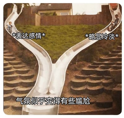 这是一张经过文字加注的旧图再创作梗图，画面主体是户外的Y型分叉滑梯，左侧滑梯上的小孩被标注“*表达感情*”，呈现出热情的状态，右侧滑梯上的小孩被标注“*略显冷淡*”，状态疏离，两条滑梯最终汇合，底部配文“气氛似乎变得有些尴尬”。图片用滑梯汇合的场景，生动比喻了社交场景中一方热情表达、另一方却冷淡回应时，双方陷入的尴尬处境，精准戳中人们在社交中遇到的不对等情绪互动的尴尬感受。