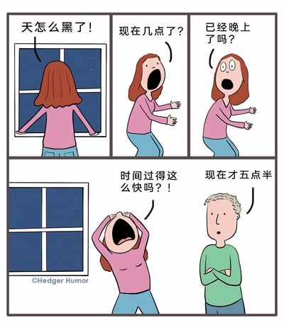 这是一组四格卡通漫画，描绘了一位红棕发女性发现窗外天黑后的一系列反应：她先是扶着窗框疑惑地念叨“天怎么黑了”，接着惊慌地询问时间，怀疑已经到了晚上，甚至崩溃地抱头感叹“时间过得这么快吗？！”，最后旁边的灰发男性淡定地告知她“现在才五点半”，精准吐槽了北半球秋冬季节傍晚天黑得早的日常现象，引发很多人在秋冬时节的共鸣。