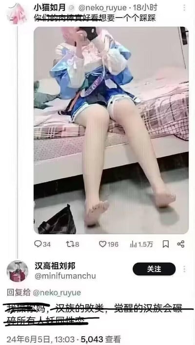 这是一张X（原推特）平台的用户互动截图，用户@neko_ruyue（小猫如月）发布了一条带有自身cosplay照片的动态，配文为「你们的肉棒真好看想要一个个踩踩」；另一用户@minifumanchu（汉高祖刘邦）在该动态下回复了极端攻击性的仇恨言论，辱骂发布者为「汉族的败类」，并针对特定群体发表威胁性话语。
无谐音梗、双关或暗示类内容。
