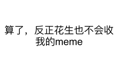 这是一张纯文字类静态meme，以黑色常规字体将文字内容展示在纯白色背景上，内容为meme创作者的自嘲话语：“算了，反正花生也不会收我的meme”，传递出创作者在完成meme制作后，认为自己的作品无法被名为“花生”的meme收录方选中的失落与自我调侃的情绪，风格直白且带有创作者的小情绪。