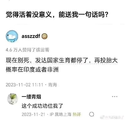 这是一张社交媒体问答平台的单图截图，属于图文混排形式。截图顶部是一位用户的求助问题：“觉得活着没意义，能送我一句话吗？”，用户“asszzdf”给出了一个极具反差感的幽默回答：“现在别死，发达国家生育都停了，再投胎大概率在印度或者非洲”，该回答获得了4.6万名网友的赞同。下方热评用户“一缕青烟”评论道“这个成功劝住我了”，直观体现了这个另类回答的劝解效果。整个内容用轻松幽默的方式消解了轻生话题的沉重感，以反向的“投胎地域担忧”来引导人们珍惜当下的生命。对于提问者的问题，想对你说：请不要轻易否定自己的人生，生活中总有许多不经意的温暖和值得期待的瞬间，你存在的本身就有着独特的意义，如果你此刻感到痛苦，不妨试着停下来歇一歇，向身边的人求助，总会有光照进你的世界。