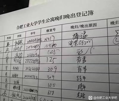 这是合肥工业大学学生公寓的晚归晚出登记簿照片，表格中记录了多名男学生的晚归信息，涵盖性别、学院、学号、寝室号与晚归原因。其中不少晚归理由十分随意敷衍，比如“操逼”“跨年”“走路”，还有学生仅简单填写“有事”，和常规正式的晚归理由形成强烈反差，充满校园生活的趣味感，展现出学生们随性的一面。