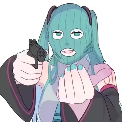 这是一张二次创作的魔改表情包，将虚拟歌手初音未来的脸部替换成了带有竖状纹理的怪异瓜类风格脸，她一只手举着一把小型手枪，另一只手放在嘴边，眼神半眯，表情搞怪又带着戏谑感，整体风格荒诞搞笑，没有双关或谐音梗内容。