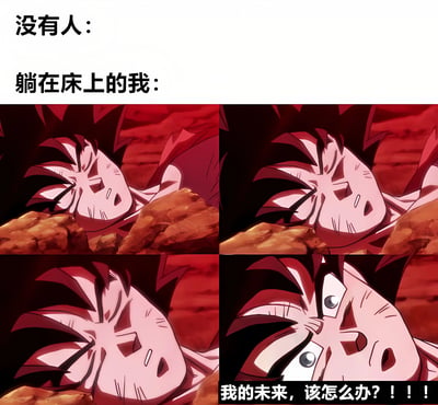 图片上方有两行文字“没有人：”和“躺在床上的我：”，下方是2x2网格排列的动漫截图。截图中是《龙珠》中的孙悟空，他躺在红色背景的岩石上，表情从痛苦皱眉逐渐变为睁眼震惊，最后一帧配有文字“我的未来，该怎么办？！！！”。通过夸张的动漫表情与日常场景的对比，幽默展现了人们躺在床上时突然陷入对未来的焦虑思考的状态。