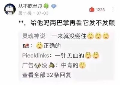 这是一张竖屏的社交媒体评论区截图，楼主「从不吃丝瓜」发布评论：「**，给他吗两巴掌再看它发不发颠」，用简单粗暴的调侃方式表达对某个「发疯」对象的吐槽。下方有多条网友回复，纷纷表示认同，包括「灵魂神说：一来就没绷住😆😆😆」「🇬🇧：😆正确的」「Piecklinks：一针见血的😆😆」「广告🐶没🐶：中肯的😆」，评论区还显示有32条回复未展开，整体风格搞笑接地气，没有双关、谐音梗或暗示内容。
