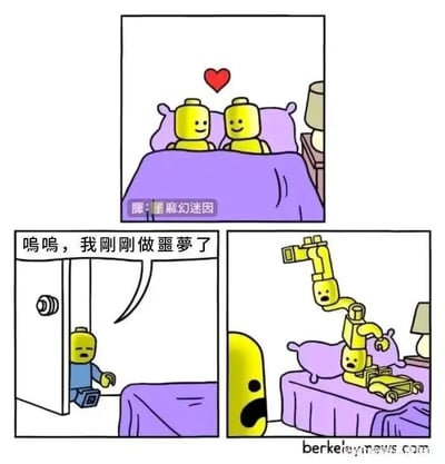 这是一幅由三格画面组成的乐高主题连环漫画。第一格画面中，两个黄色乐高小人并排躺在床上，盖着紫色被子，上方有一颗红心，氛围温馨；第二格画面里，一个穿着蓝色衣服的黄色乐高小人推开门，脸上带着委屈的神情，哭诉自己做了噩梦；第三格画面则是故事的反转，原来床上的“两个乐高小人”其实是被错误拼接在一起的乐高部件，一个乐高小人的身体上被接上了另一个乐高小人的头部和肢体，形成了怪异的组合，这正是推门的乐高小人的噩梦——对于乐高小人来说，被违背拼接逻辑地拆解重组是恐怖的经历，漫画利用乐高的特性制造出荒诞又搞笑的反转效果。
