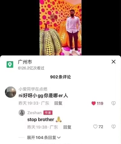 这是一张抖音平台的评论区截图，视频作者是定位在广州的外国用户Zeshan，他发布的视频背景是草间弥生风格的南瓜艺术装置。网友「小爱同学在点燃」用混合拼音、方言式的中文「ni好呀小gg你是哪er人」搭话博主，博主回复英文「stop brother」并配上合十表情，无奈叫停这种搭话方式，两条互动评论分别获得119和72个点赞，评论区还有104条更多回复。整个场景是有趣的跨语言网络互动，充满搞笑氛围。