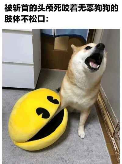 一张搞笑梗图，画面中一只柴犬的腿被一个黄色的吃豆人玩偶咬住，柴犬表情惊讶张嘴大叫。图片上方配有文字：'被斩首的头颅死咬着无辜狗狗的肢体不松口：'，通过夸张的文字描述与可爱的画面形成幽默反差。