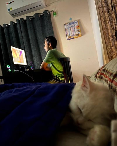 卧室场景中，一名身穿绿色T恤的男子正坐在书桌前专注地使用电脑，电脑屏幕显示着色彩鲜艳的图形。房间内，深色窗帘遮挡着窗户，上方安装着一台空调，墙壁上挂着一张带有彩色图案的日历。前景中，床上铺着蓝色毯子，一只白色猫咪蜷缩在毯子里熟睡，只露出头部和耳朵。整个画面营造出宁静而温馨的居家氛围。