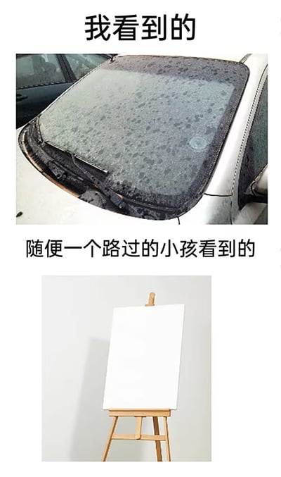 这是一张上下结构的对比类趣味梗图，上方配文“我看到的”，对应配图是一辆汽车结了薄冰、附着深色污渍的前挡风玻璃，玻璃边框的造型和布满痕迹的玻璃面乍看有画布的质感；下方配文“随便一个路过的小孩看到的”，对应配图是摆放在木质画架上的空白画布。两张图形成强烈的认知反差，幽默地表现出小孩子充满想象力的视角，调侃小孩看到类似形状的物体都会联想到可以画画的画布。