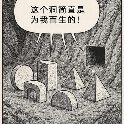 这是一幅黑白手绘风格的创意插画，场景设定在类似洞穴的空间内，地面上摆放着多种不同形态的立体几何图形，包括圆柱切片、拱形柱体、长方体、半圆柱体、四棱锥、三棱锥等，右侧岩壁上开设了一个方形的洞穴，上方的对话气泡写着“这个洞简直是为我而生的！”。但画面的荒诞之处在于，在场的所有几何图形中并没有能够匹配这个方形洞穴的正方体，形成了强烈的反差感，以此制造出幽默讽刺的效果，暗喻现实中那种“宣称事物完全适配自己，却根本不存在对应匹配对象”的荒诞处境，比如职场里找不到合适定位、自我期待与现实严重脱节的场景。
