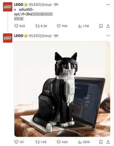 图片显示乐高官方Twitter账号@LEGO_Group在6小时内连续发布的两条推文。第一条推文内容为无意义的乱码文本："sdiu450-oyt;:'rf=]9o[<<<<<<<<<<<<<<<<<<<<<<<<<<<<<<<<<<"，已获得642条评论、8.3K转发、70K点赞和1.7M次查看。第二条推文则展示了一个黑白相间的猫咪乐高模型，它正坐在一台笔记本电脑上，猫咪模型细节精致，有着黄色的眼睛和粉色的鼻子。两条推文均显示了乐高官方账号标识和验证徽章。